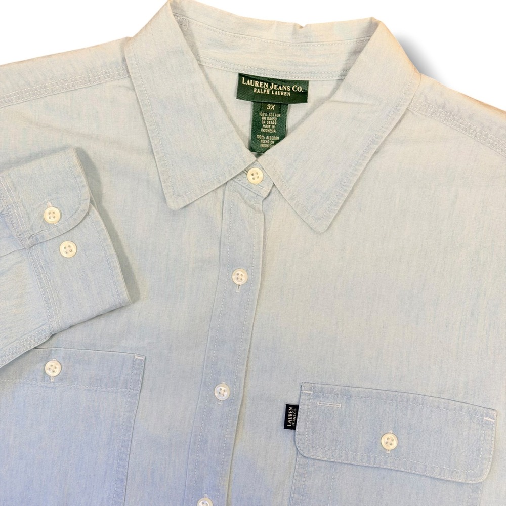 Lauren Ralph Lauren Button Down Shirt Women 3X Blue Chambray Denim Cotton Preppy